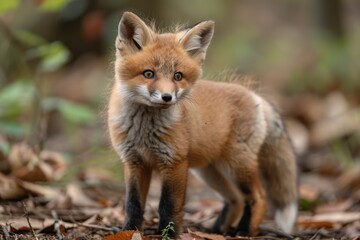 Baby Fox: An adorable baby fox kit with reddish fur and a bushy tail, exploring a forest clearing.