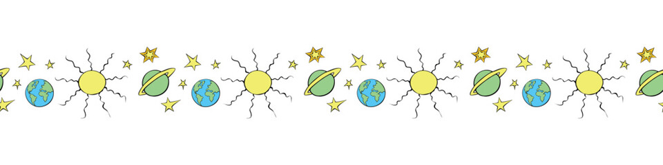 Edging, ribbon, border of planets, stars, suns in doodle flat style. Decorative element, divider, decoration on theme of space, astronomy, fantastic, kids design