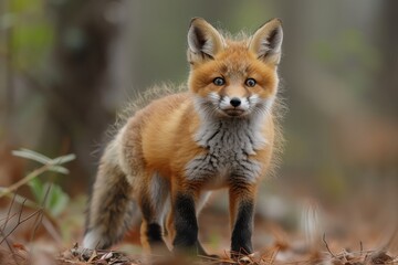 Baby Fox: An adorable baby fox kit with reddish fur and a bushy tail, exploring a forest clearing.