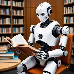 a robot reading a book in a library