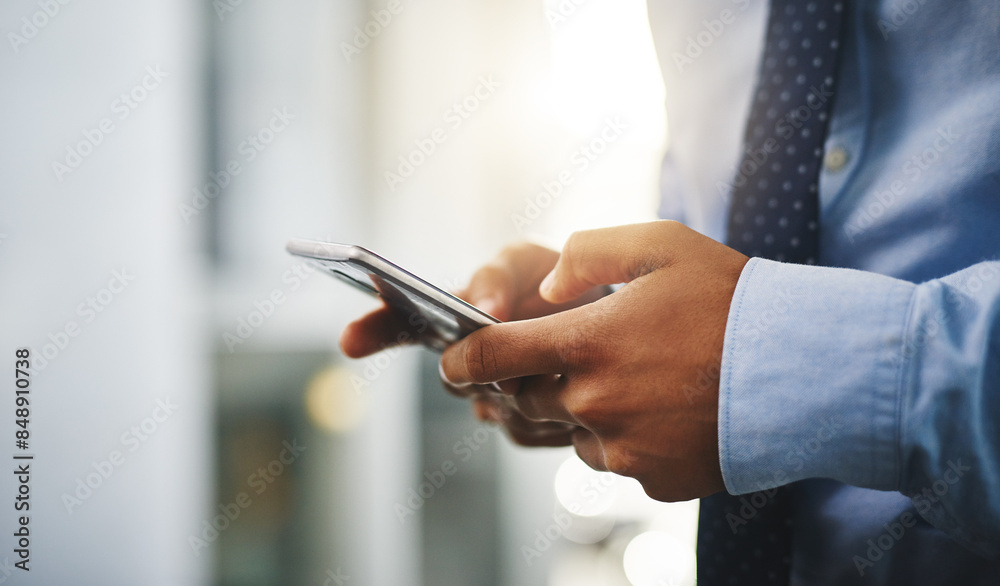 Aufkleber business, man and hands with phone in office for networking research, information and brainstorming 