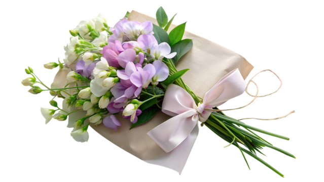 a charming bouquet of sweet pea flowers wrapped in brown paper and adorned with a delicate pink ribbon bow