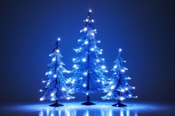 Christmas tree with shining light with particles falling snowflakes and stars 3d rendering blue background