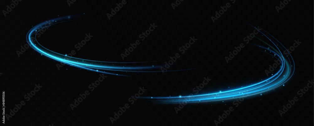 Poster Abstract light lines of speed movement, blue colors.Neon glowing curves.Abstract motion.Neon lines of blue speed. Dynamic traces.	