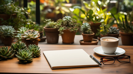 Business concept: Flat lay view of an empty notebook, laptop, coffee cup, succulent plant, and eyeglasses on a light desk.