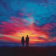 Fototapeta premium Silhouetted Couple Admiring Vibrant Sunset Landscape During Hike