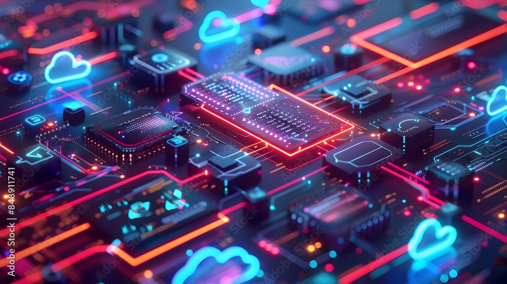 Poster futuristic digital workspace with holographic cloud computing interfaces and collaborative tools