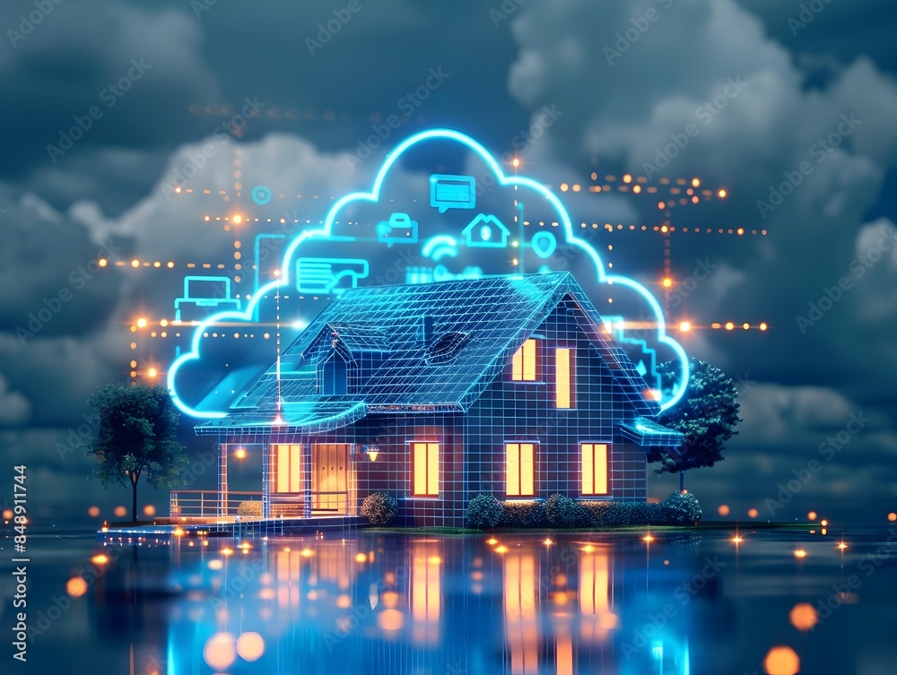 Poster smart home with interconnected cloud based devices seamlessly controlled and monitored in a captivat