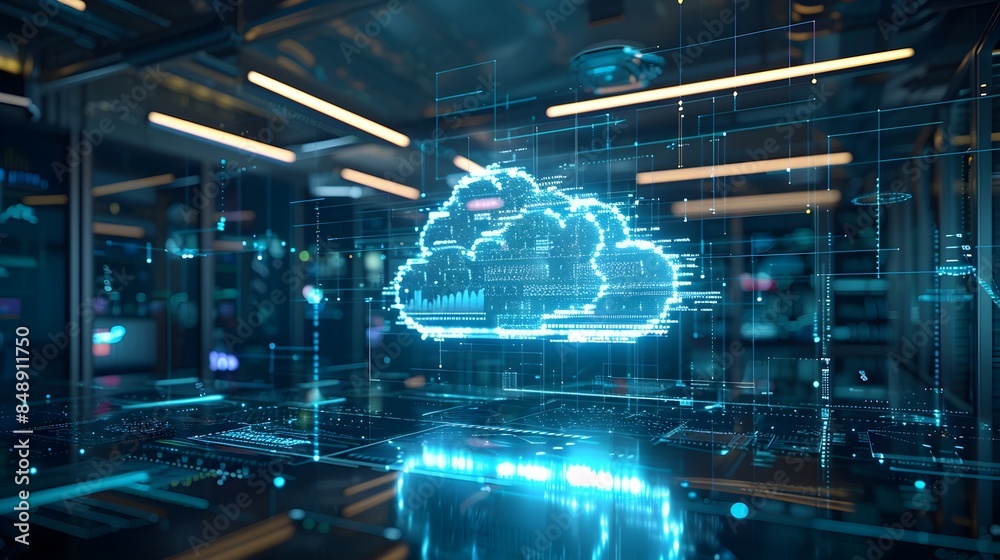 Poster Futuristic Digital Workspace with Holographic Interfaces for Cloud Computing and Collaborative Tools
