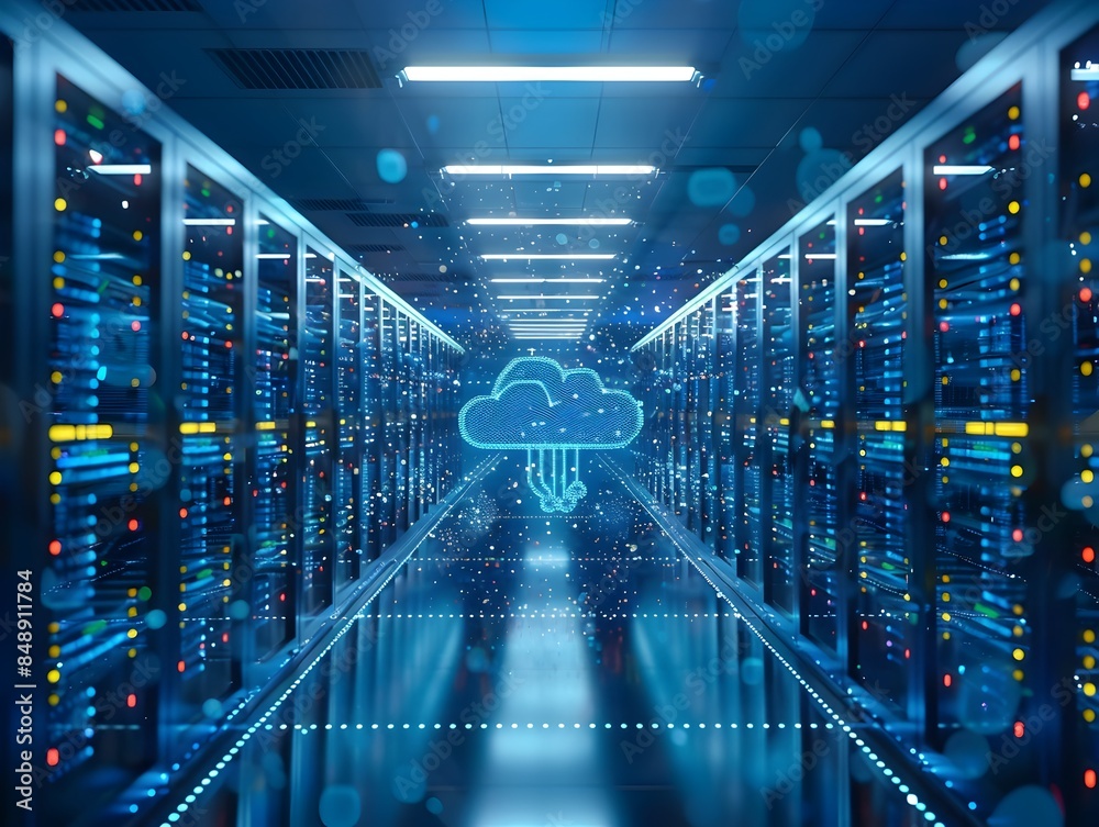 Poster futuristic cloud computing control center monitoring global data infrastructure