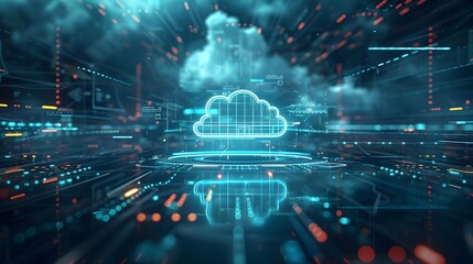 Fototapeta premium Futuristic Digital Workspace with Holographic Cloud Computing Interfaces