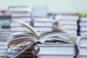 open book on the table. stack of books. back to school