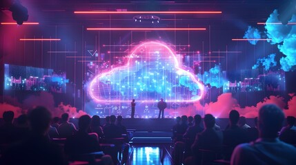 Obraz premium Futuristic Tech Conference with Cloud Computing Data Visualizations on Large Screens