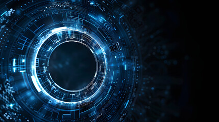 Abstract futuristic camera lens on dark background, place for text