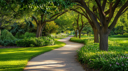 Obraz premium A winding path through a lush, green park with vibrant sunlight filtering through the trees, inviting a peaceful, serene walk amidst nature.