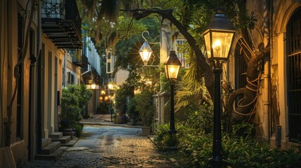 Fototapeta premium Quiet evening street with classic lantern-style streetlights and a serene setting