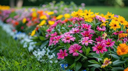 Obraz premium Close-up of vibrant garden flowers in full bloom along a well-kept flower bed