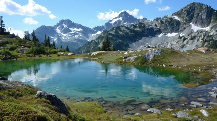 Remote alpine lake with emerald waters and snow-capped peaks in the background