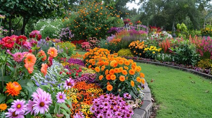 Wide view of a stunning garden with blooming flowers in various colors and neat pathways