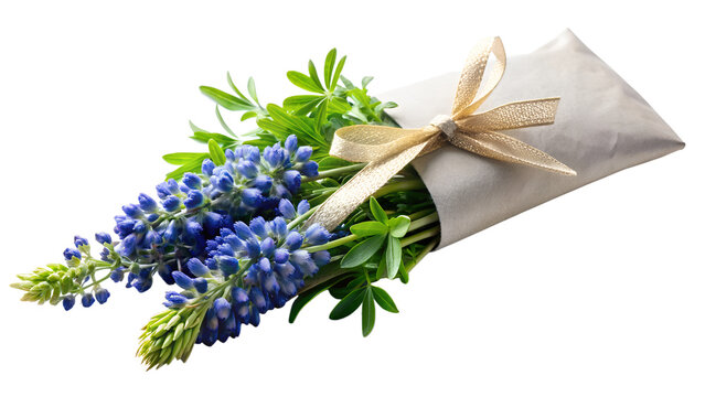 a beautiful bouquet of blue bonnet flowers with green leaves, elegantly wrapped in paper and tied with a gold ribbon