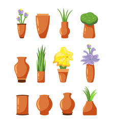 Vector Illustration Collection of Potted Ornamental Flowers and Plants