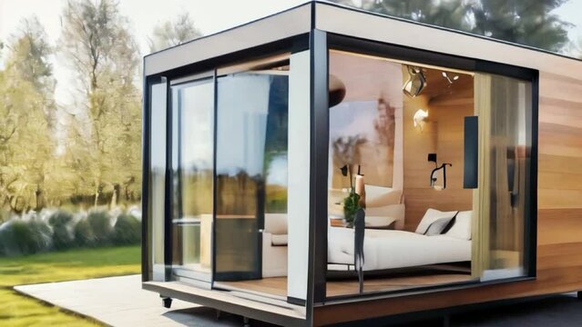 Modern prefab Tiny home with glass walls and Cozy interior.