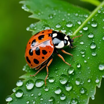 macro photography of a ladybug perched on a dew covered leaf
