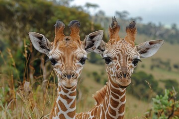 Fototapeta premium Baby Giraffe: A tall, gangly baby giraffe with large eyes and a long neck, standing next to its mother in the African plains. 