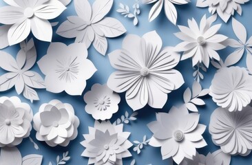 Spring white flowers in paper cut style. paper flowers background