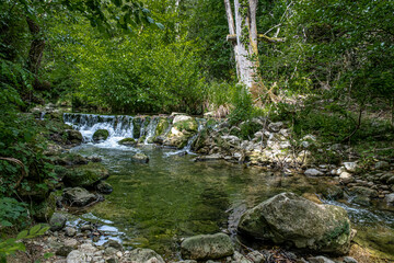 View of La Brague River in the department of Alpes-Maritimes as seen in La Brague Park, near Biot Village, Provence-Alpes-Cote d'Azur, French Riviera, France