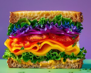 An artistic rendering of a surreal sandwich with vibrant rainbow filling, creating a whimsical and imaginative concept