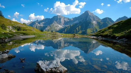 Spectacular view of a mountain range reflected in a tranquil alpine lake