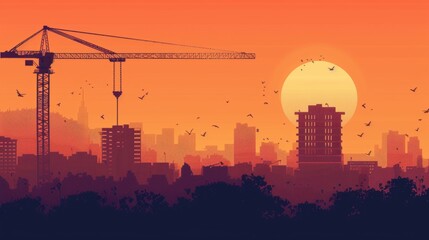 Obraz premium Silhouette vector of Constructionc city landscape site with a tower crane