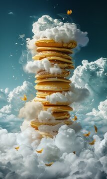 Surreal pancakes towering to the clouds in a whimsical and dreamlike scene
