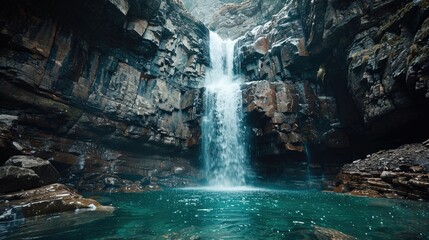 Naklejka premium Stunning waterfall cascading down rugged cliffs into a crystal-clear pool below