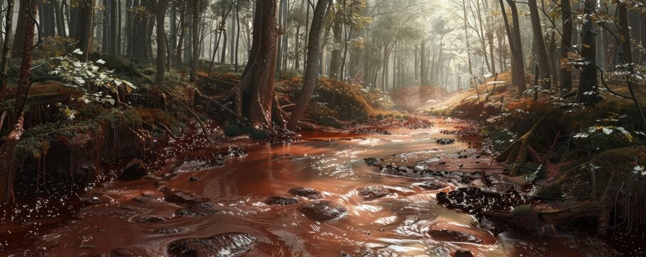 Surreal chocolate river flowing through a mystical forest, fantasy concept