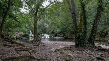 View of La Brague River in the department of Alpes-Maritimes as seen in La Brague Park, near Biot Village, Provence-Alpes-Cote d'Azur, French Riviera, France