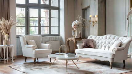 Stylish living room interior with white sofa, armchair and small coffee table