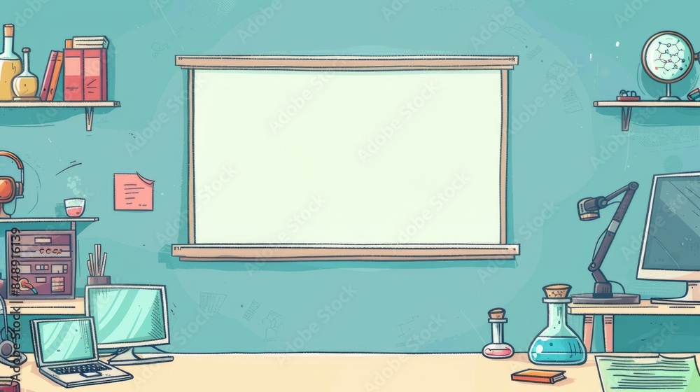 Poster simple blank template for animated background with outline of computer, book and test tube on one si