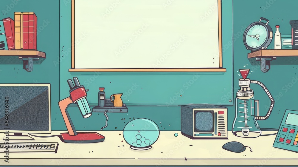 Poster simple blank template for animated background with outline of computer, book and test tube on one si