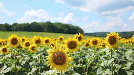 Obraz premium Vibrant field of sunflowers stretching towards the horizon under a blue sky