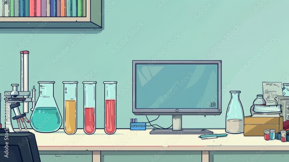 Poster simple blank template for animated background with outline of computer, book and test tube on one si