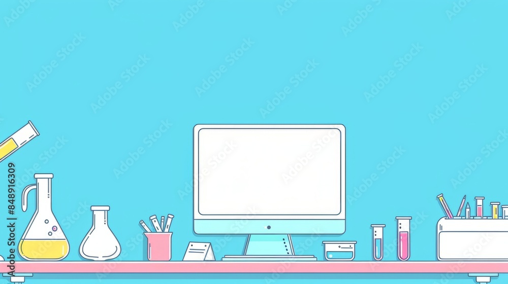 Poster simple blank template for animated background with outline of computer, book and test tube on one si