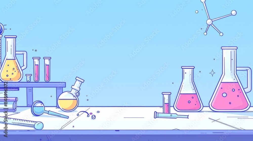 Poster simple blank template for animated background with outline of computer, book and test tube on one si