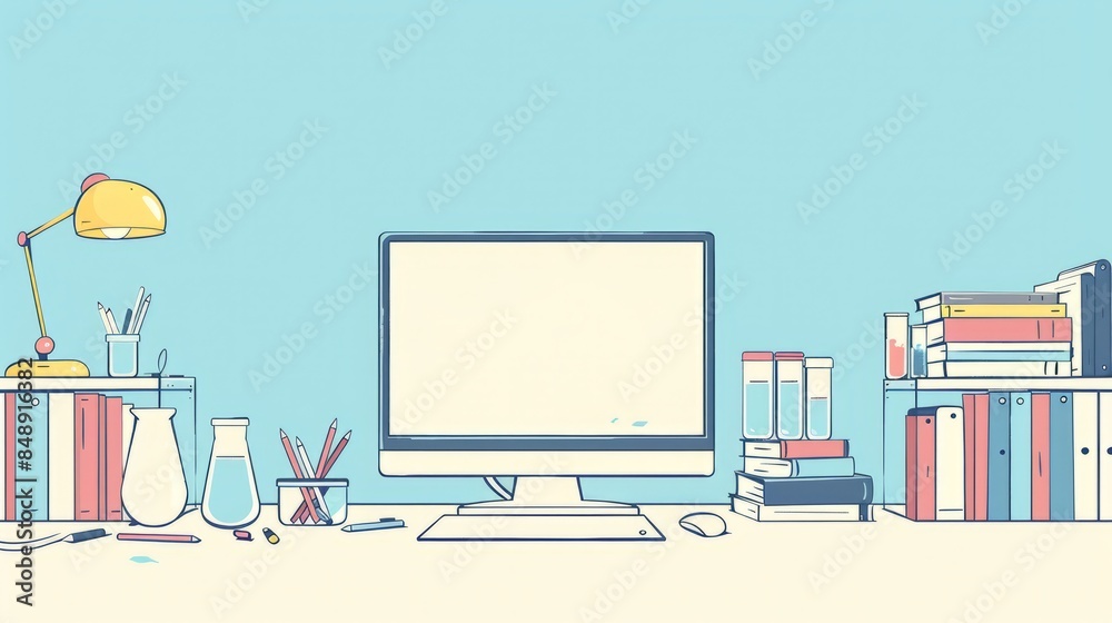 Fototapete Simple blank template for animated background with outline of computer, book and test tube on one side. with copy space for text