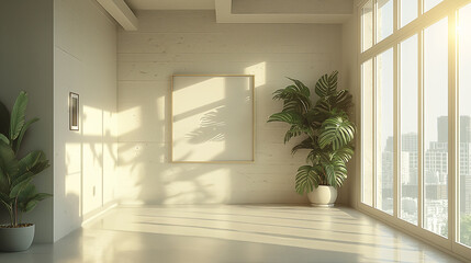 serene, modern, and minimalist living room with expansive windows offering a panoramic view of the cityscape in this spacious, uncluttered room. Two potted plants and a large empty frame on the wall