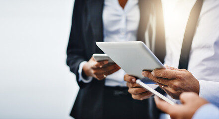 Business people, hands and technology with tablet, internet and cooperation with digital app. Teamwork, group and employees with mobile user, startup and connection with mockup space and social media