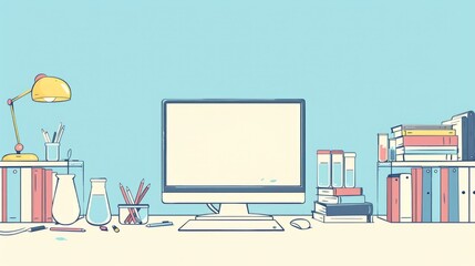 Obraz premium Simple blank template for animated background with outline of computer, book and test tube on one side. with copy space for text