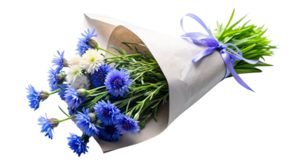 a bouquet of cornflower flowers wrapped in brown paper and tied with a blue ribbon. The bouquet mainly consists of blue flowers