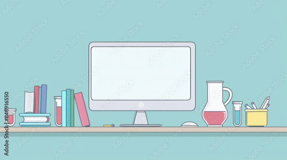 Fototapete Simple blank template for animated background with outline of computer, book and test tube on one side. with copy space for text